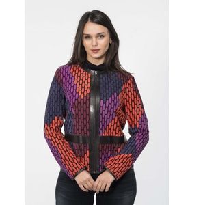 Zip Laser Cut Lambskin Leather and Mesh Jacket